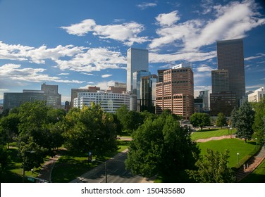 Summer Downtown Denver Skyline With Blue Sky