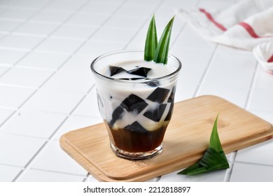 Summer Drink Es Cincau Hitam, Made From Black Grass Jelly With Coconut Milk And Palm Sugar. Has A Refreshing Taste And Can Relieve Internal Heat. 