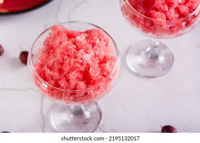 Summer Drink Frozen Wine Slushy In Glasses On The Table. Refreshing Alcoholic Cocktail. Closeup