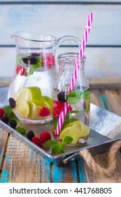 Summer drink lemonade with raspberry, lime, blackberry