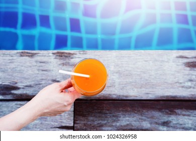 Summer Drink. Woman Relaxing At The Swimming Pool In Her Vacation, Top View