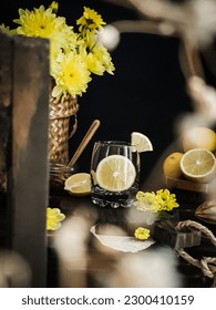summer drinks. Mojito, selective focus of lemonade with flowers on wooden table background 