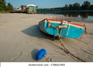 Summer Drought On The River And Low Water On The Banks Italy Europe