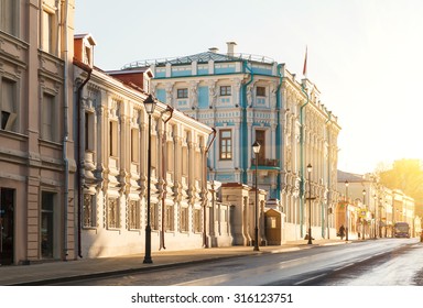 summer early morning on the old center in Moscow, Maroseyka Street and the Embassy of the Republic of Belarus