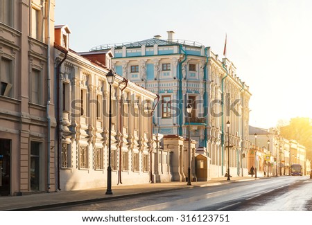 summer early morning on the old center in Moscow, Maroseyka Street and the Embassy of the Republic of Belarus