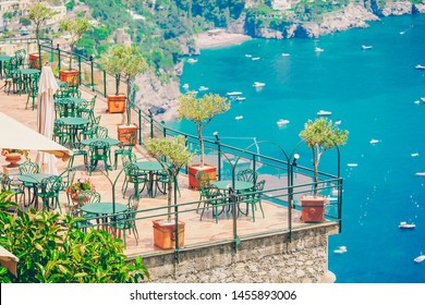 Summer Empty Outdoor Cafe At Old Tourist European City In Italy On Amalfi Coast