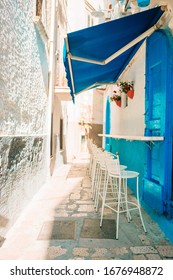 Summer Empty Outdoor Cafe At Old Tourist European City In Italy