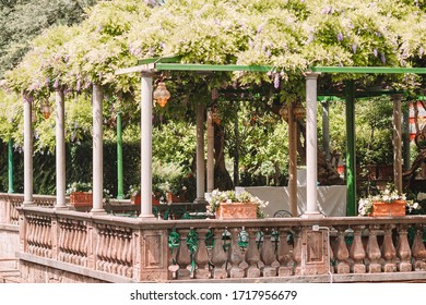 Summer Empty Outdoor Cafe At Old Tourist European City In Italy