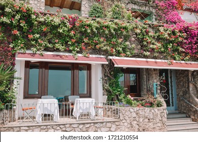 Summer Empty Outdoor Cafe At Old Tourist European City In Italy