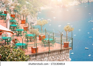 Summer Empty Outdoor Cafe At Old Tourist European City In Italy