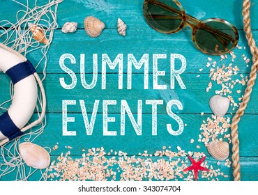Summer Events - Beach Utensils On Turquoise Wooden Background