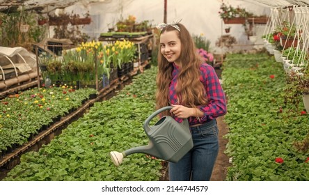 Summer Farm. Horticulture. Gardening Activity For Kid. Happy Teen Girl Florist In Greenhouse.