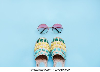 Summer Fashion Flatlay With Gradient Round Sunglasses And Espadrille Sandals On The Blue Background. Perfect Beach Set For Holidays On The Sea. Marina Style.