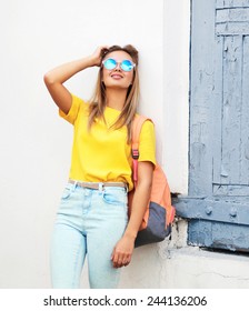 Summer, Fashion And People Concept - Pretty Cool Hipster Girl In Sunglasses