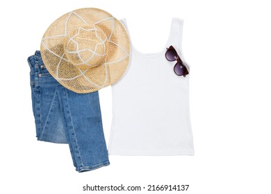 Summer Female T Shirt, Hat, Sunglasses Mock Up Flat Lay Isolated On White Background. Top Front View T-shirt And Copy Space. Mockup T-shirt And Summertime. Template Blank Shirt.