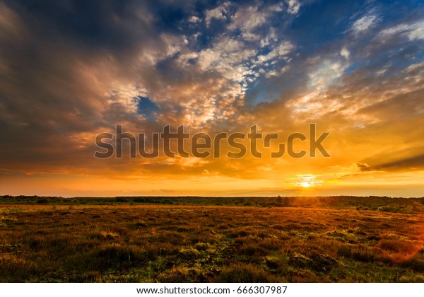 上空は草と夕焼けの空に満ちた夏の野原 美しい夕焼けの風景 の写真素材 今すぐ編集