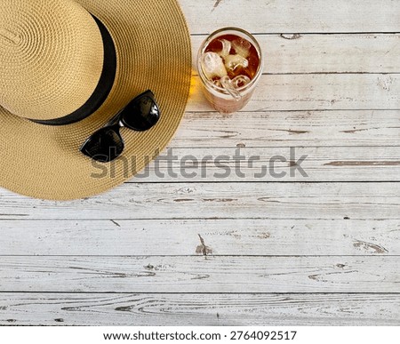 Summer Flat Lay Of Straw Sun Hat Dark Sunglasses And Summer Cocktail Cold Drink On White Wooden Decking. Summer Background With Text Copy Space. Summer Holiday Lifestyle Aesthetic