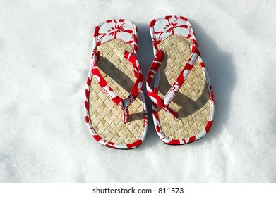 Summer Flip Flop Sandals In The White Snow.