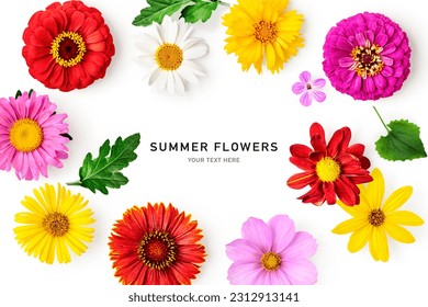 Summer flower creative layout. Daisy, cosmos, blanket, aster, zinnia, tickseed, sunflower and doronicum flowers isolated on white background. Floral frame border. Design element. Top view, flat lay  - Shutterstock ID 2312913141
