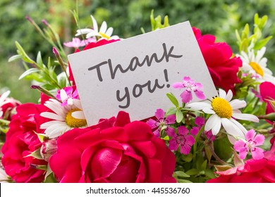 Summer Flowers And Card With English Text: Thank You / Thank You / Thank You Card