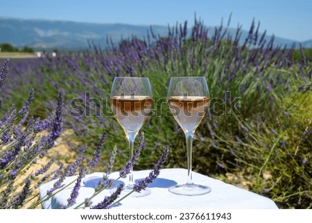Summer in French Provence, cold gris rose wine from Cotes de Provence and blossoming colorful lavender fields on Valensole plateau, tastes and aromas of Provence, France.