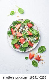 Summer, Fresh Salad With Leafy Greens, Fresh Strawberries, Nuts, Radishes  And Farm Blue Cheese On The White  Background. Healthy Refresh Food Concept