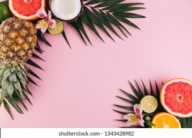 Summer Fruit Composition On Pink Table. Flat Lay, Top View, Copy Space