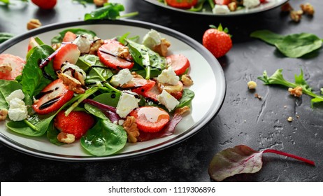 Summer Fruit Strawberry, Spinach Salad With Walnut, Feta Cheese Balsamic Vinegar, Kale. In A Plate. Concepts Health Food