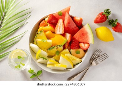 Summer fruits assortment platter antipasti, watermelon, pineapple, melon and strawberries.  - Powered by Shutterstock