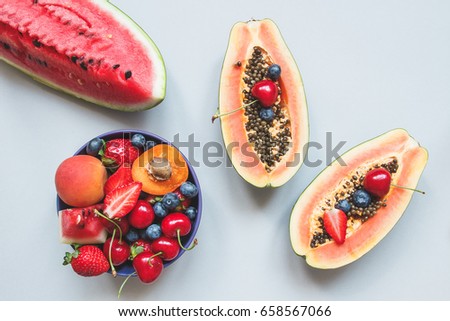 Similar – Image, Stock Photo Tropical fruits on blue plate