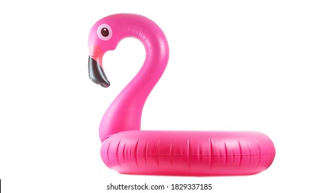 Summer fun beach. Pink pool inflatable flamingo for summer beach isolated on white background. Funny bird toy for kids. - Shutterstock ID 1829337185