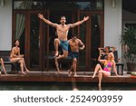 Summer Fun at the Poolside Resort: Fashionable Friends Enjoying Drinks and Relaxation, A Happy Group of Young Women and Men Embracing Leisure and Joyful Moments by the Water