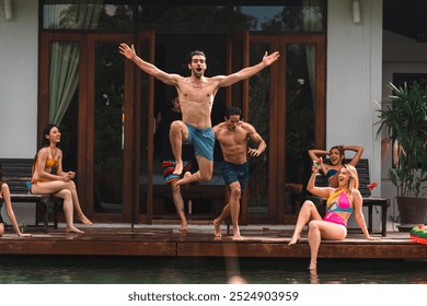 Summer Fun at the Poolside Resort: Fashionable Friends Enjoying Drinks and Relaxation, A Happy Group of Young Women and Men Embracing Leisure and Joyful Moments by the Water - Powered by Shutterstock