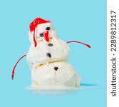 summer funny creative concept of melting scoops ice cream snowman isolated on blue background, concept of hot summer, melting prices.