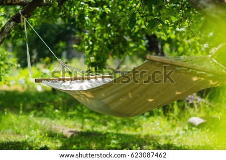 Summer garden with hanging hammock for relaxation