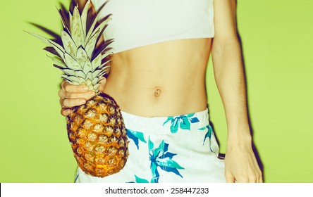 Summer Girl with Pineapple. Tropical style, Fashion, Summer clothing.