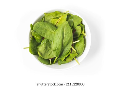 Summer Green Salad In White Bowl Plate Isolated On White Backgorund. Healty Salat From Tomato, Spinach, Onion And Green Leaves With Oil For Dinner Or Lunch. Vegetarian Food Concept. Top View