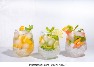 Summer healthy cocktails, mocktails. Set of various citrus lemonades mojito, with lime, lemon, orange, grapefruit, diet detox beverages 