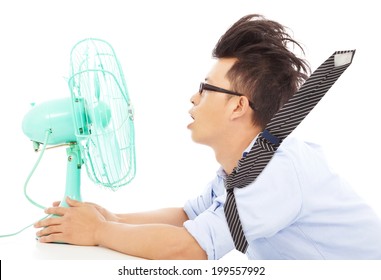 Summer Heat, Business Man Use Fans To Cool Down