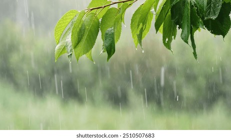 Summer heavy rain in forest. Drops of water dripping from green leaves of cherry tree. Beautiful calming background. Weather, environment, nature concept. High quality