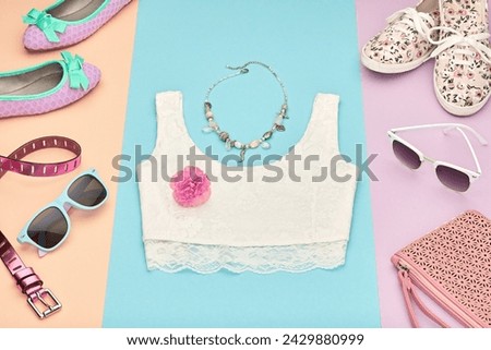 Summer Hipster style.Design Spring Fashion girl Clothes set,Accessories.Outfit.Trendy sunglasses, floral Gumshoes.Summer hipster top,fashion watch,spring flower.Summer Urban woman Look.Perspective
