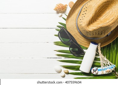 Summer Holiday Background, Beach Accessories On White Wood Table, Vacation And Travel Items