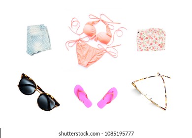 Summer And Holiday Concept With Women's Fashion Accessories Items, Clothes And Swimsuit Bikini Seamless Pattern Isolated On White Background