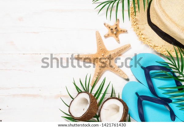 Summer Holiday Flat Lay Background Palm Stock Photo Edit Now 1421761430