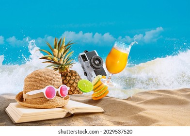 Summer Holiday, Full Party With Accessories, Traditional Old Film Camera, Tropical Fruit, And Drink On The Beach.extreme Vacation Getaway With Outdoor Activity.sea Wave Water Splashing In Backgrounds.