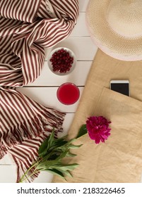 Summer Holiday Jewelry Elements, Top View, Linen Dress, Phone And Hat