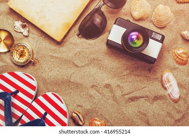 Summer Holiday Vacation Accessories On Beach Sand, Lifestyle Objects In Flat Lay Top View Arrangement, Overhead View