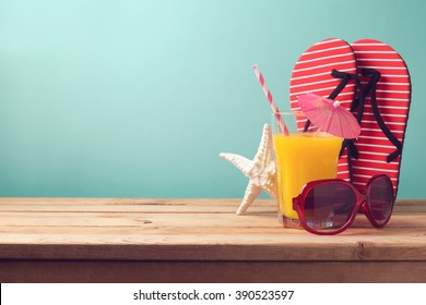 Summer Holiday Vacation Background With Orange Juice And Flip Flops