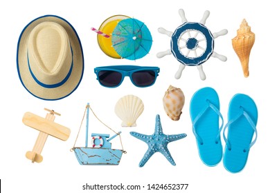 Summer Holiday Vacation Concept With Beach And Travel Accessories Isolated On White Background. Top View From Above
