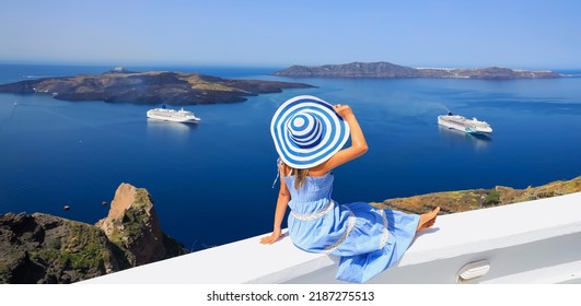 Summer holiday with  young woman in hat at  happy freedom lifestyle in Aegean sea mediterranean at Santorini,greece - Shutterstock ID 2187275513
